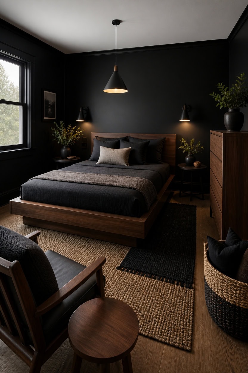 black and wood cozy bedroom