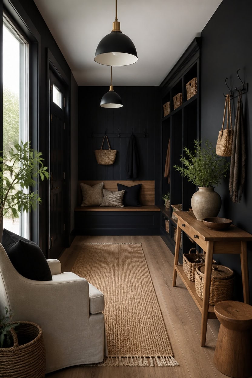 black and wood entryway styling