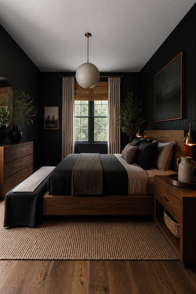 black and wood grounded bedroom
