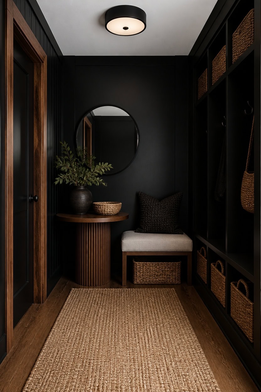black and wood hallway vignette