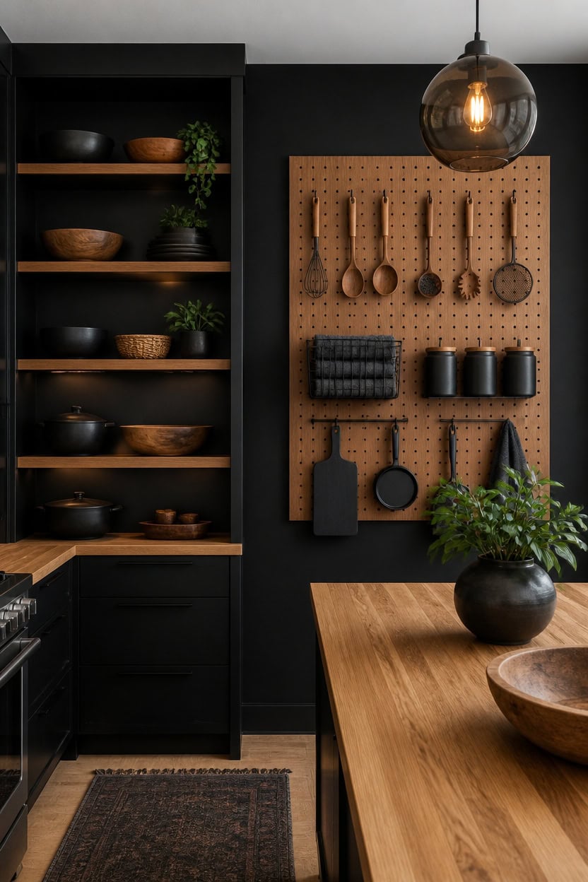 black backed pegboard kitchen display
