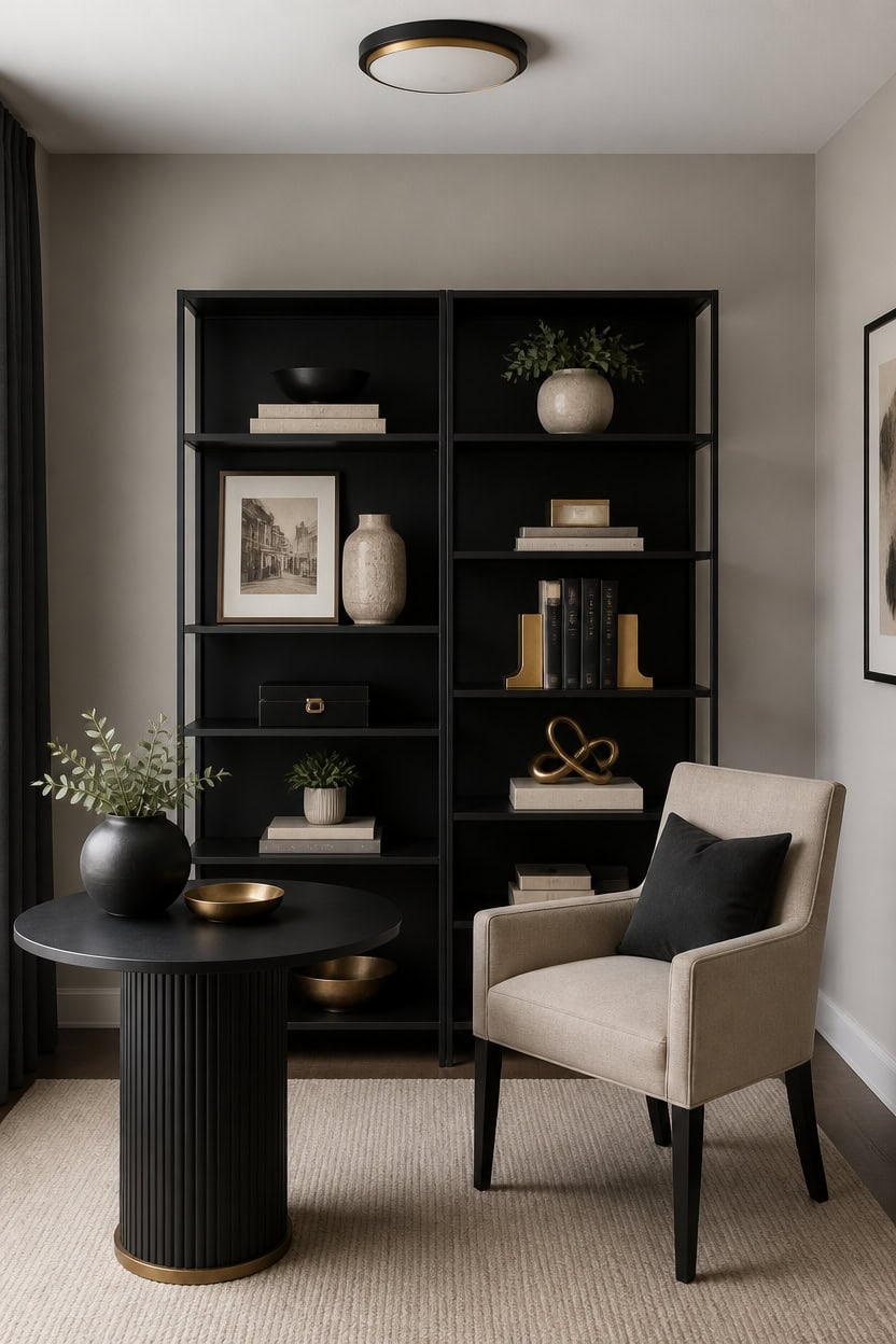 black beige gold shelving