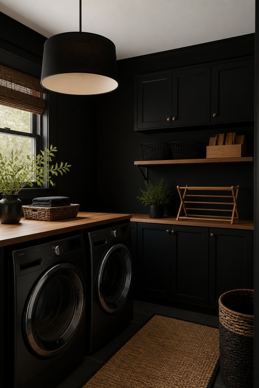 black cabinets with warm wood
