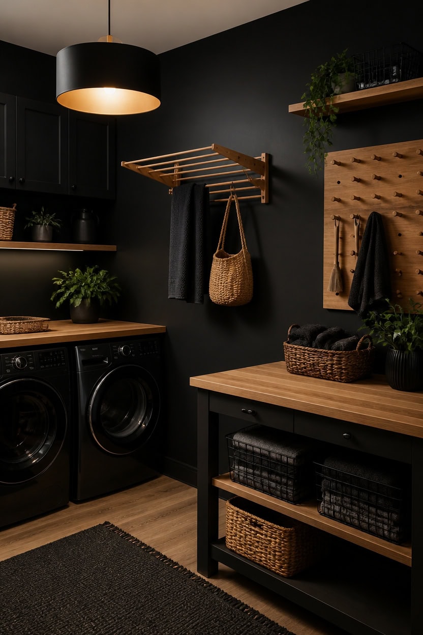 black cabinets wood accents