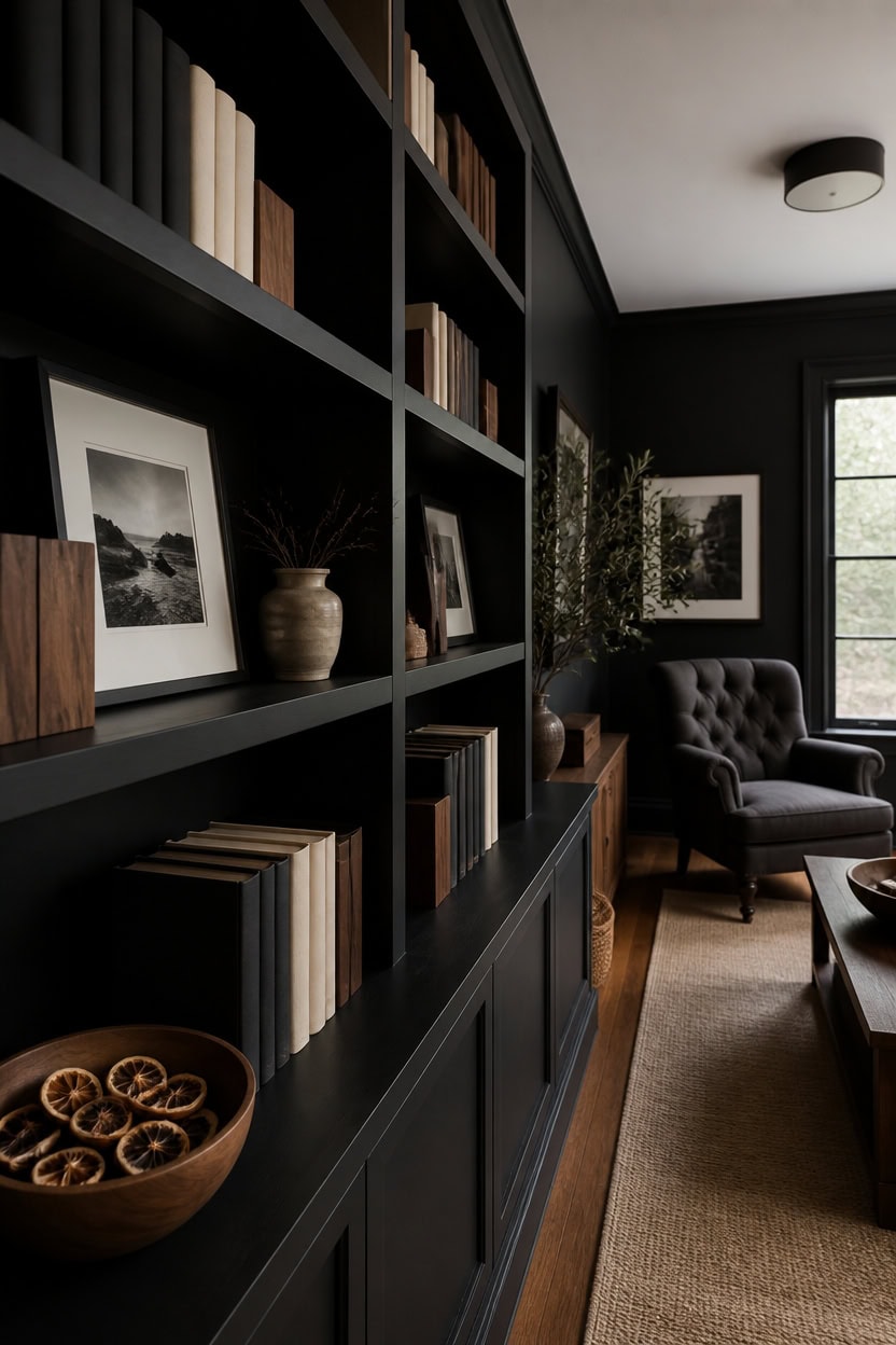 black curated cozy book display