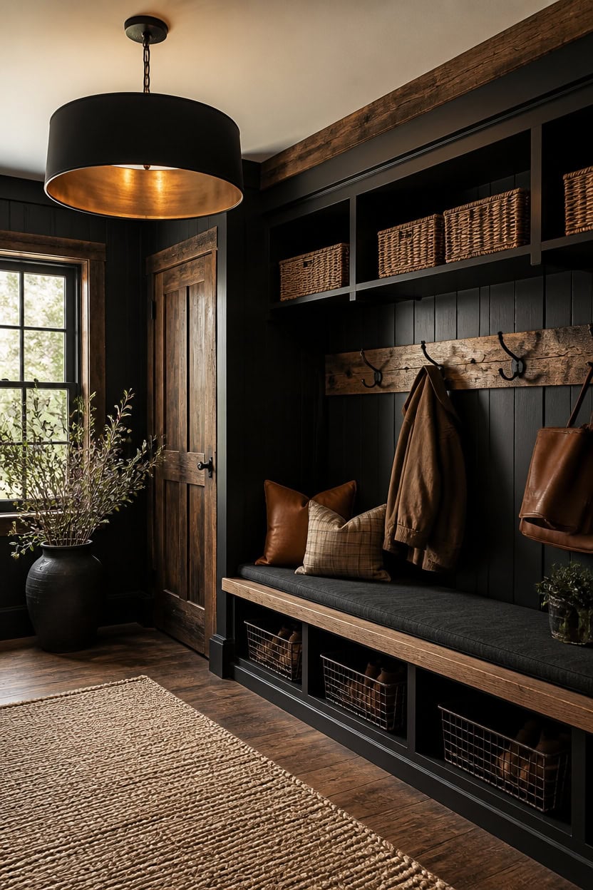 black mudroom with reclaimed wood
