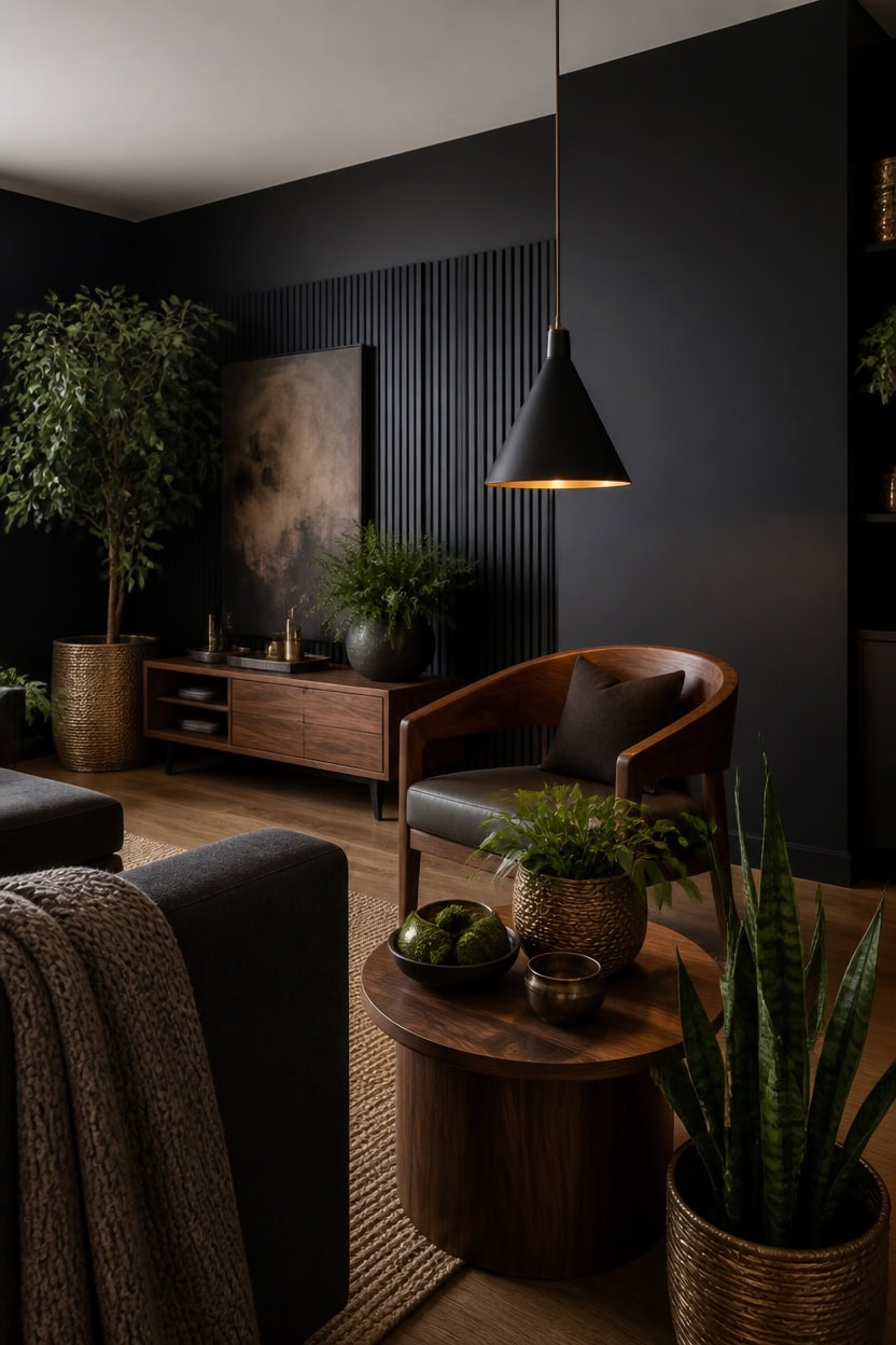 black room softened with greenery
