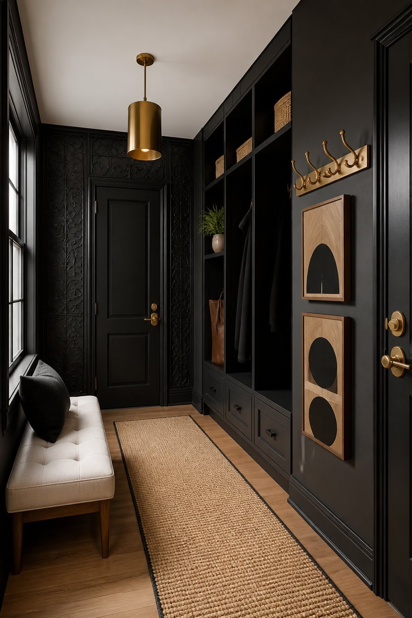 black walls brass hardware