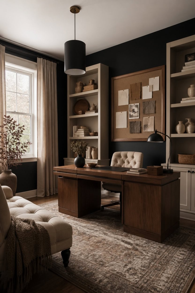 black warm wood neutral anchored desk