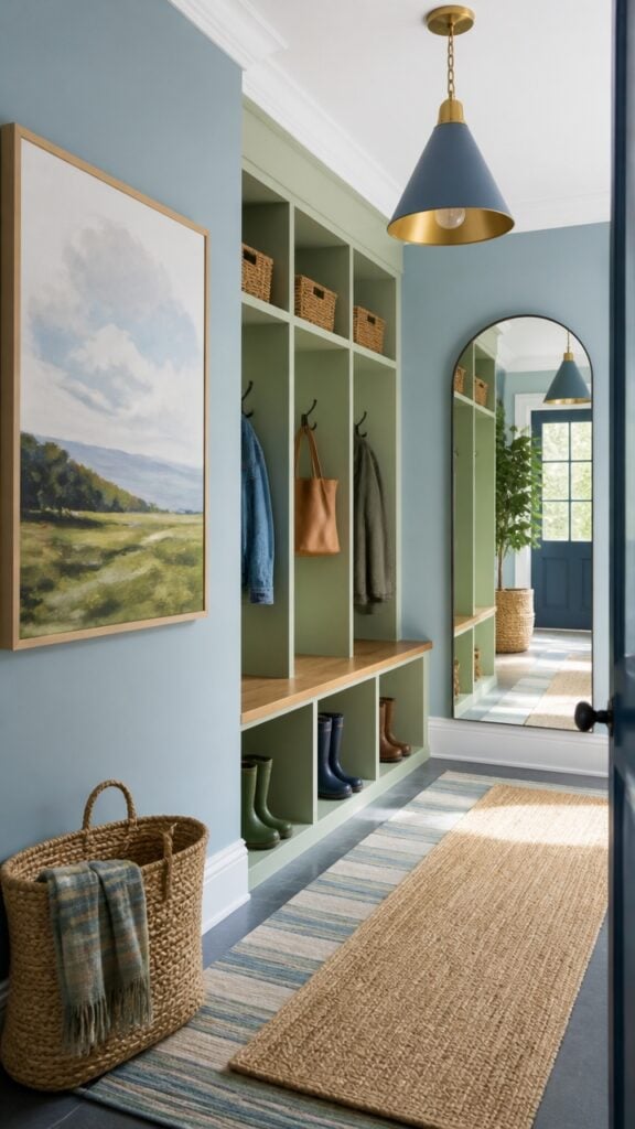 Blue and Green Mudroom for Women Who Wipe Their Boots and Walk In