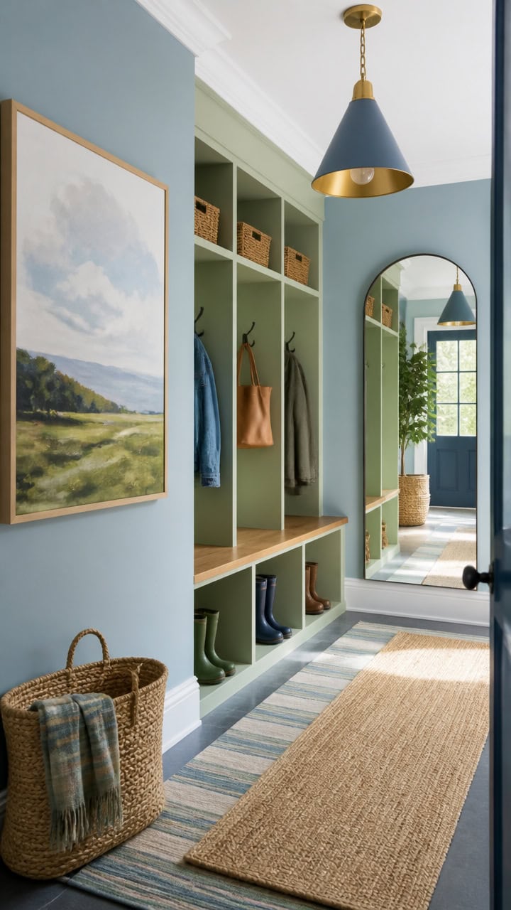 blue and green boot wiping mudroom