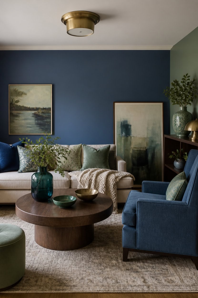 blue and green curated livingroom