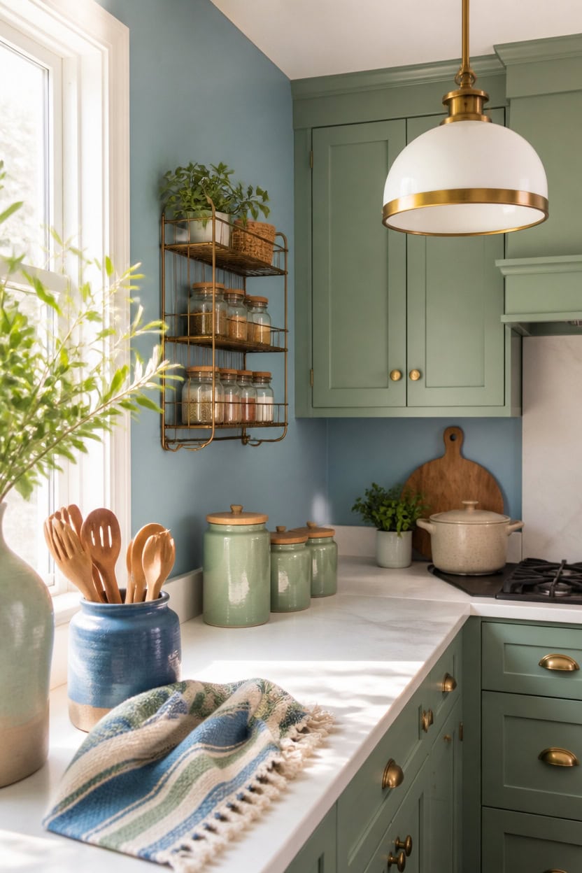 blue and green kitchen vignette