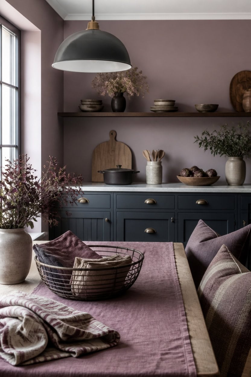 blue and mauve cozy kitchen