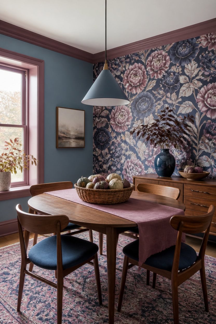 blue and mauve dining vignette