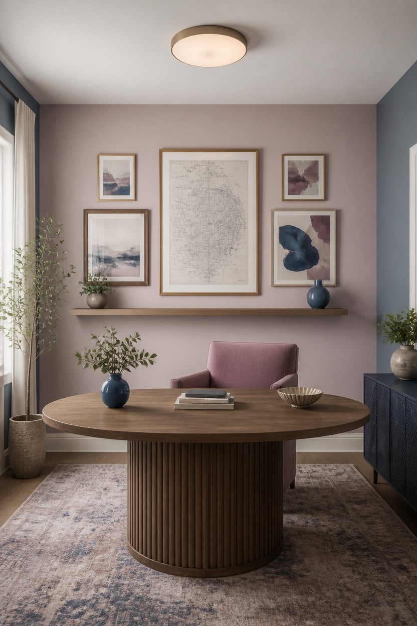 blue and mauve framed ensemble