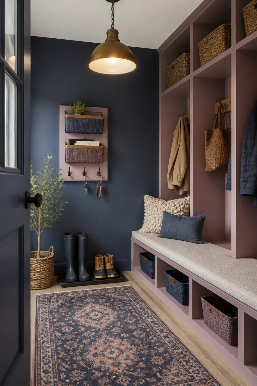 blue and mauve mudroom