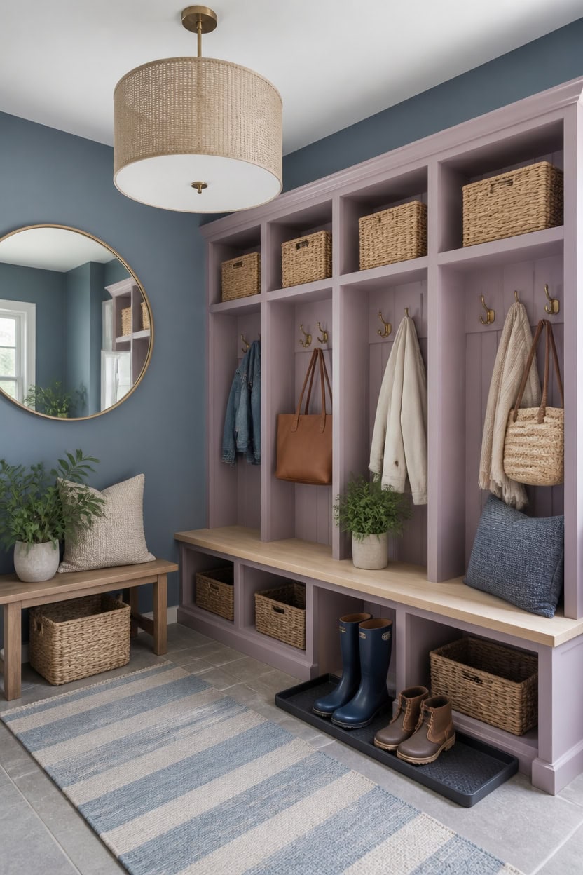 blue and mauve mudroom
