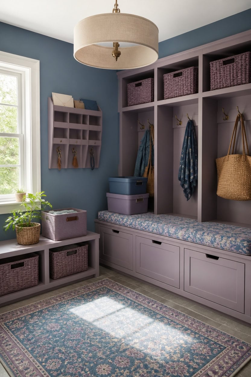 blue and mauve mudroom storage