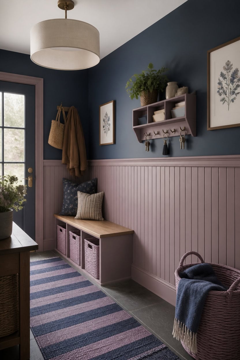 blue and mauve mudroom