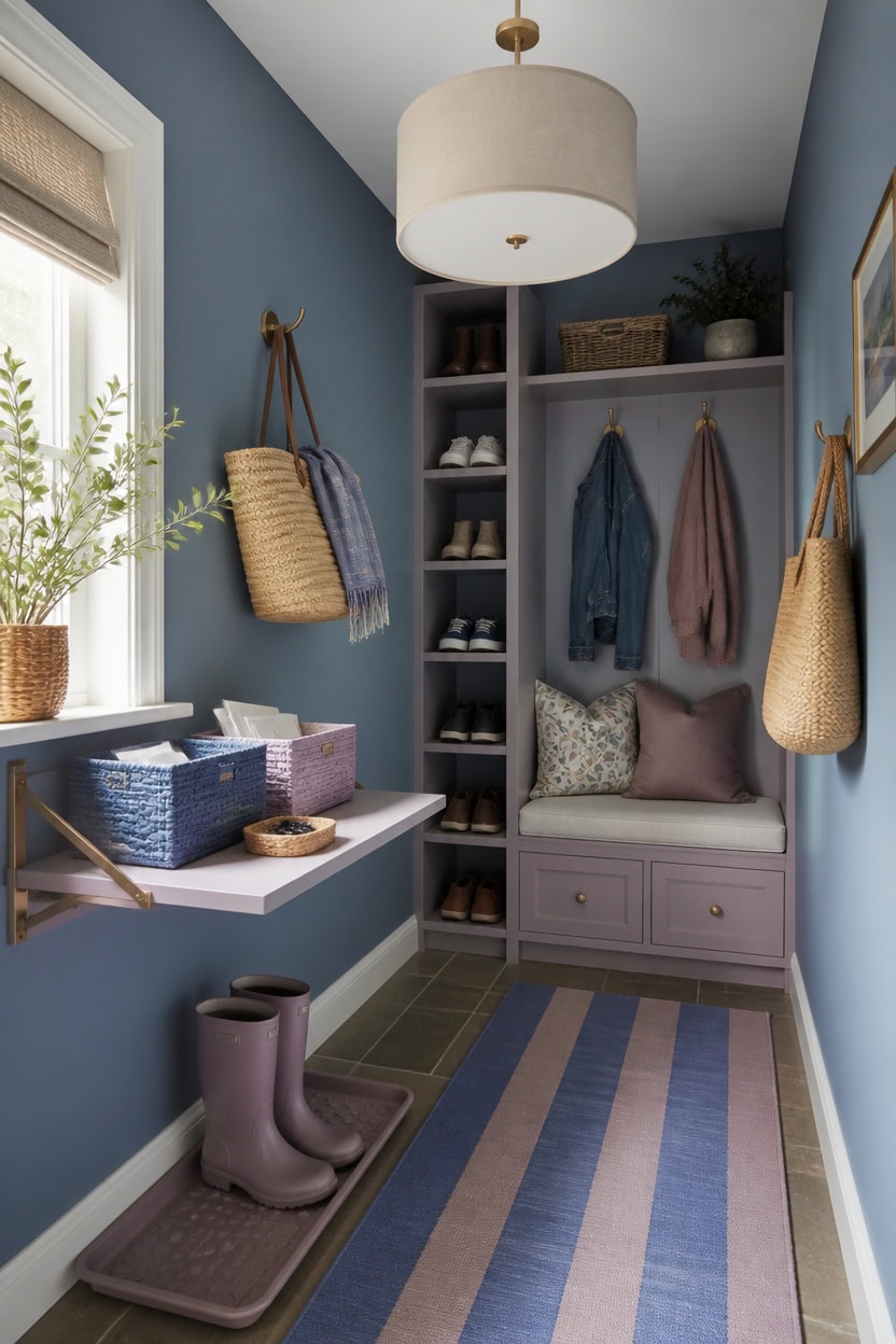 blue and mauve vertical mudroom