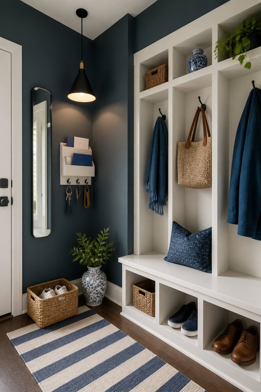 blue and white compact mudroom
