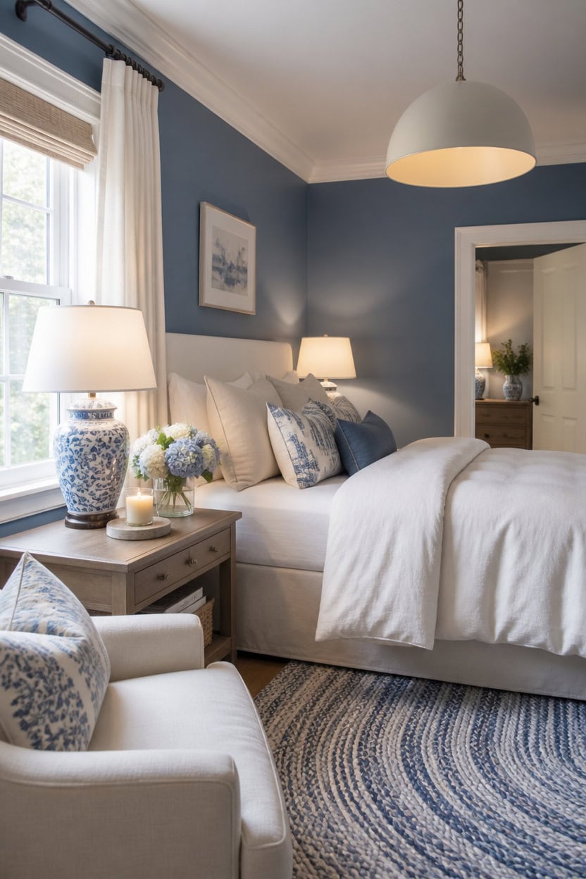 blue and white cozy candlelit room