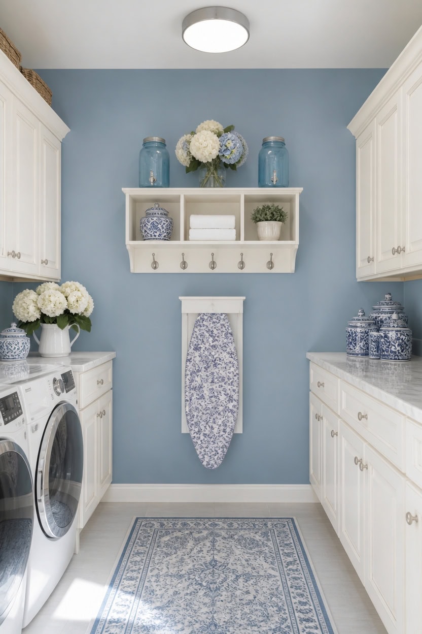 blue and white finished laundryroom