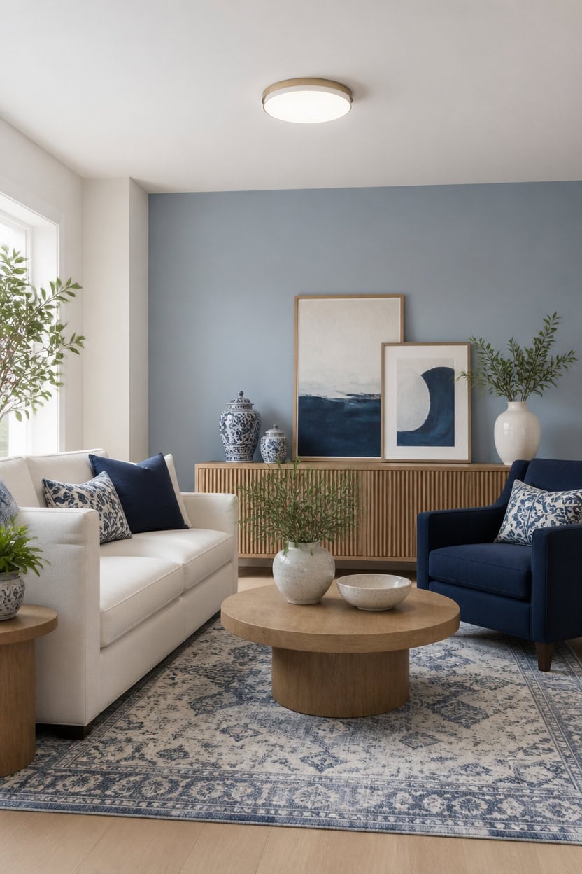 blue and white framed focal
