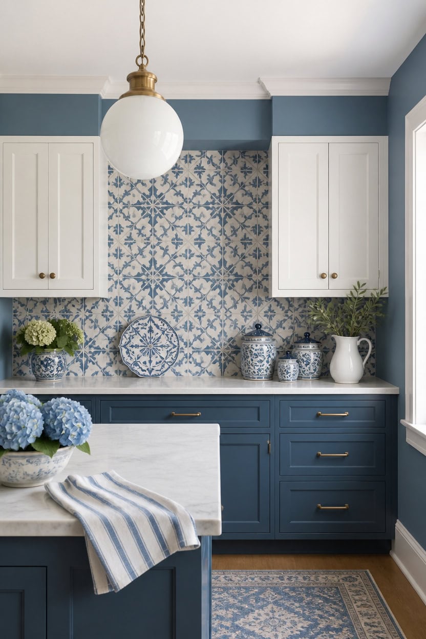 blue and white kitchen accents