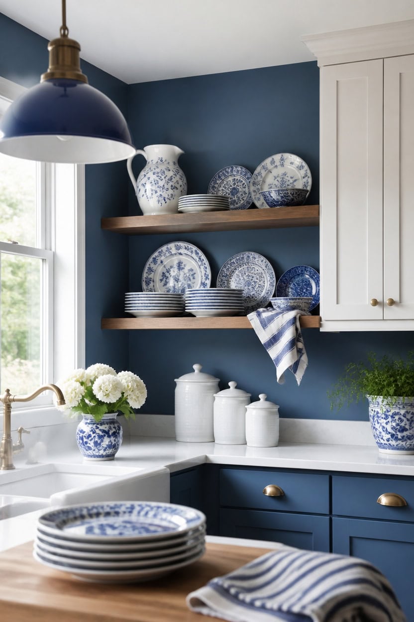 blue and white kitchen showcase
