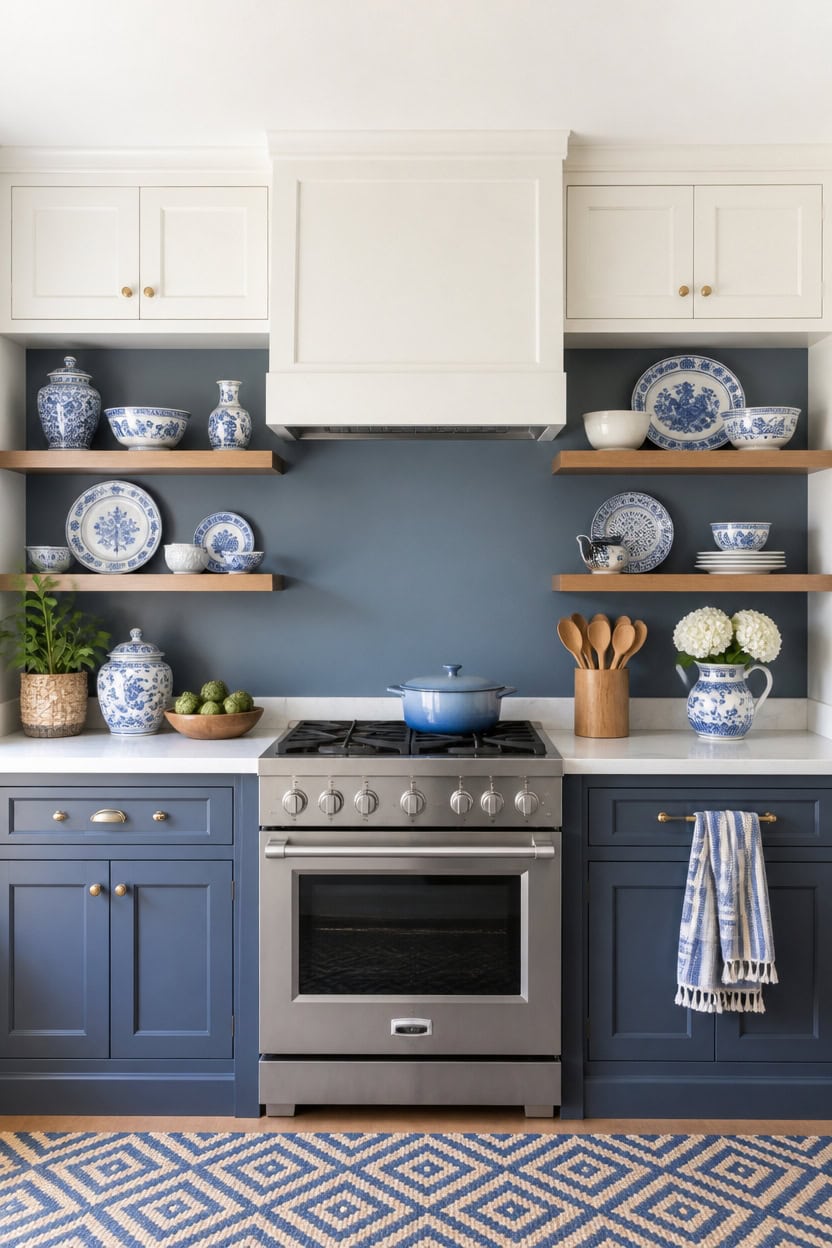 blue and white kitchen styling