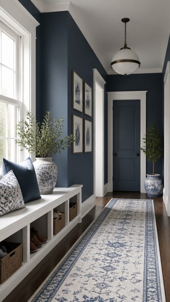 The Blue and White Hallway That Holds Its Own Without a Single Extra Object