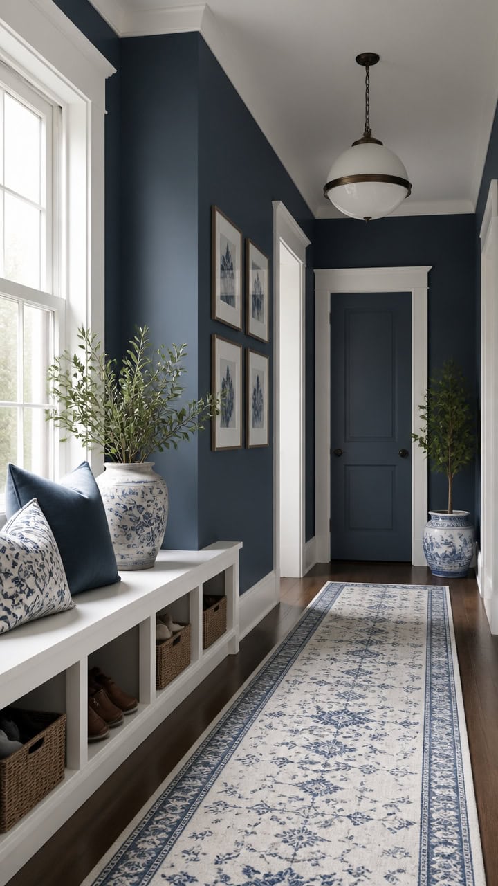 blue and white minimalist corridor