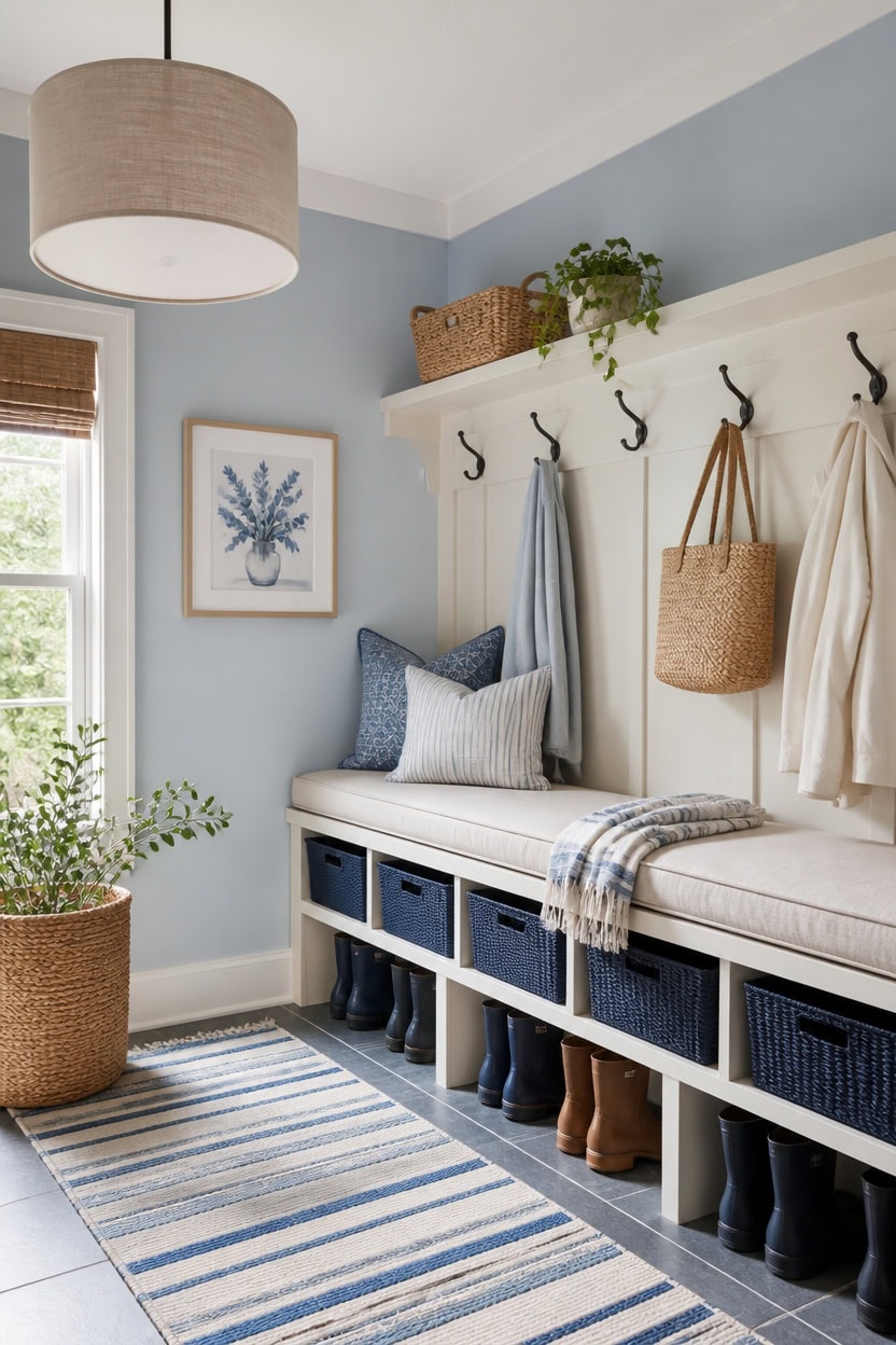 blue and white mudroom bench