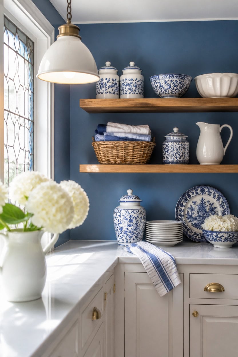 blue and white open shelving