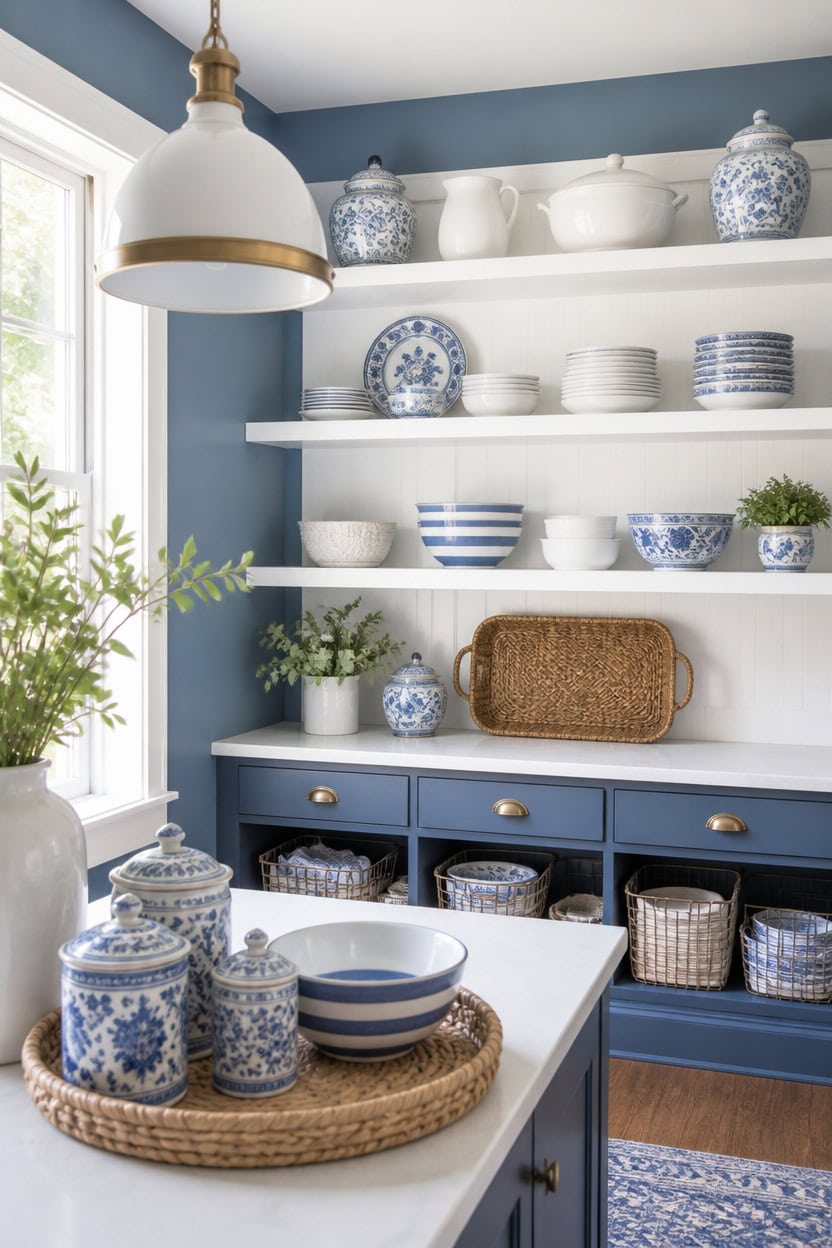 blue and white open shelving