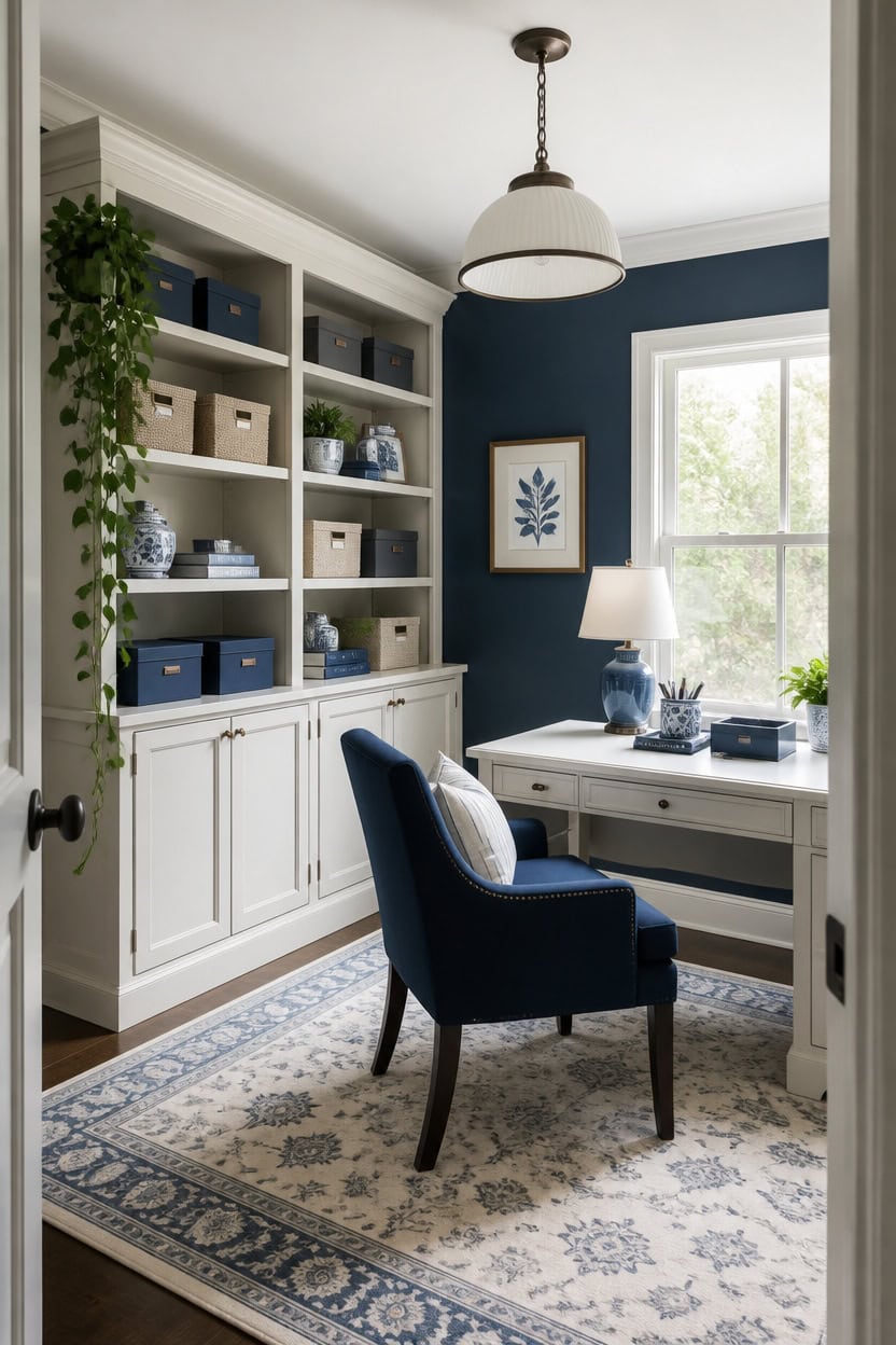 blue and white organized workspace