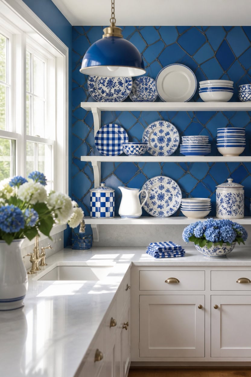 blue and white patterned kitchen
