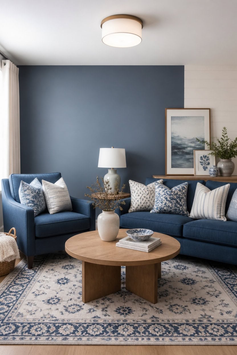 blue and white sofa vignette