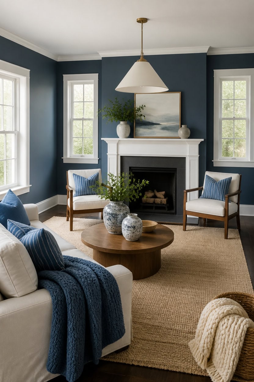 blue and white symmetrical cozy room