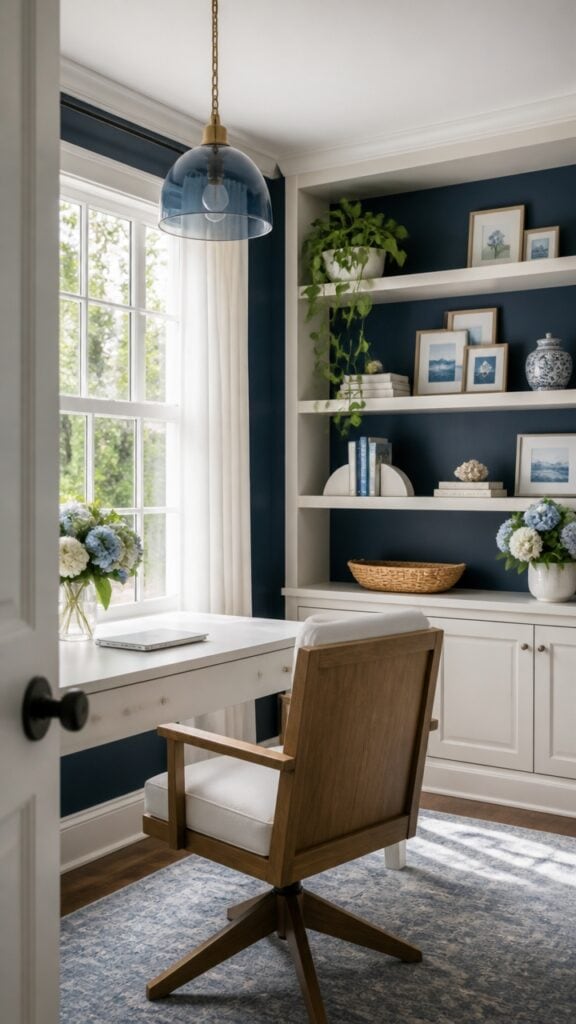 Blue and White Home Office for Women Who Work Best Near a Window