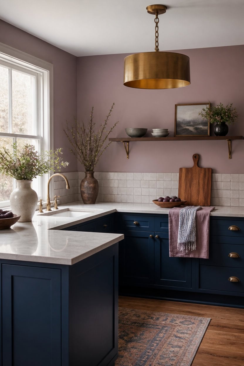 blue cabinets mauve walls