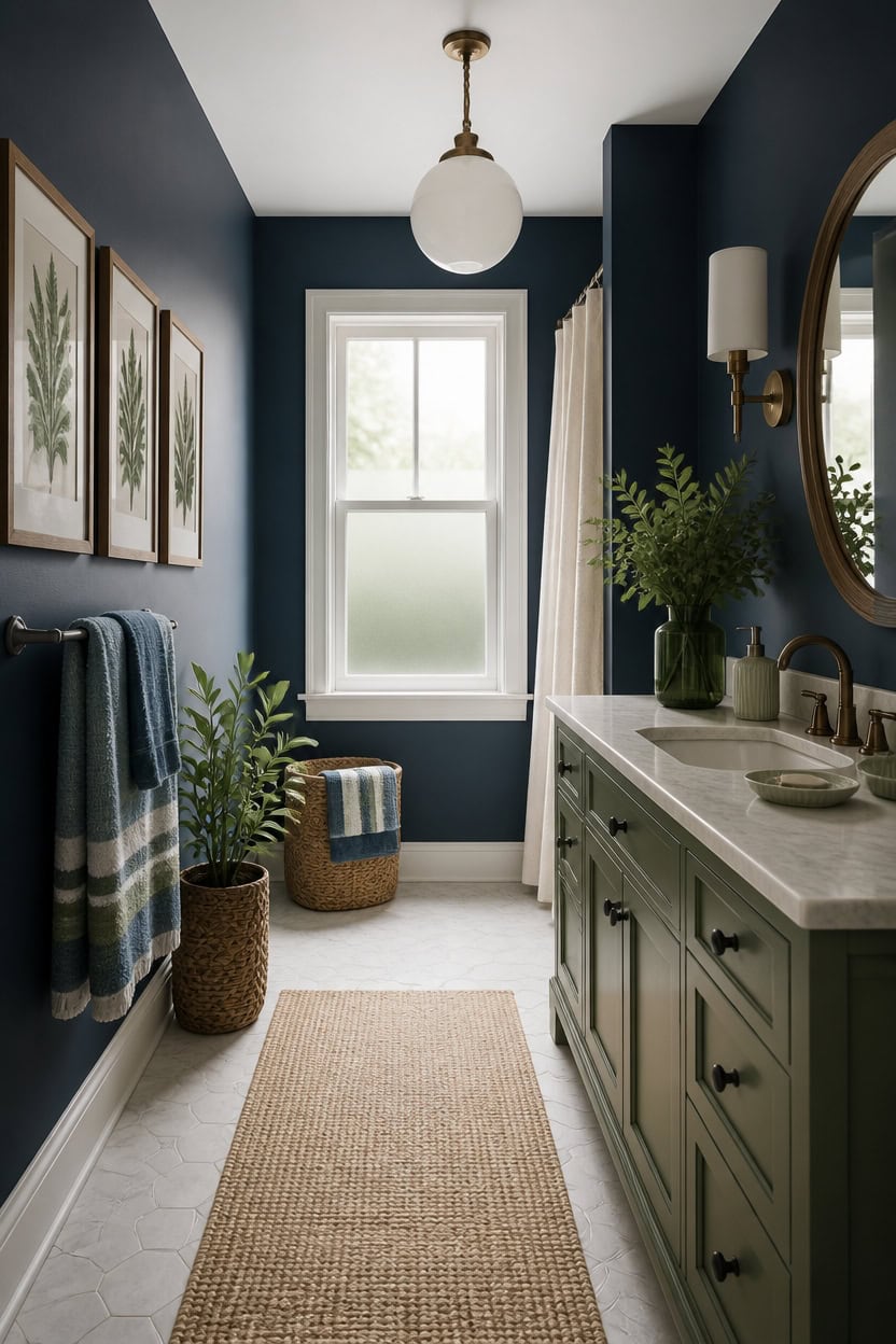 blue dominant bathroom with green