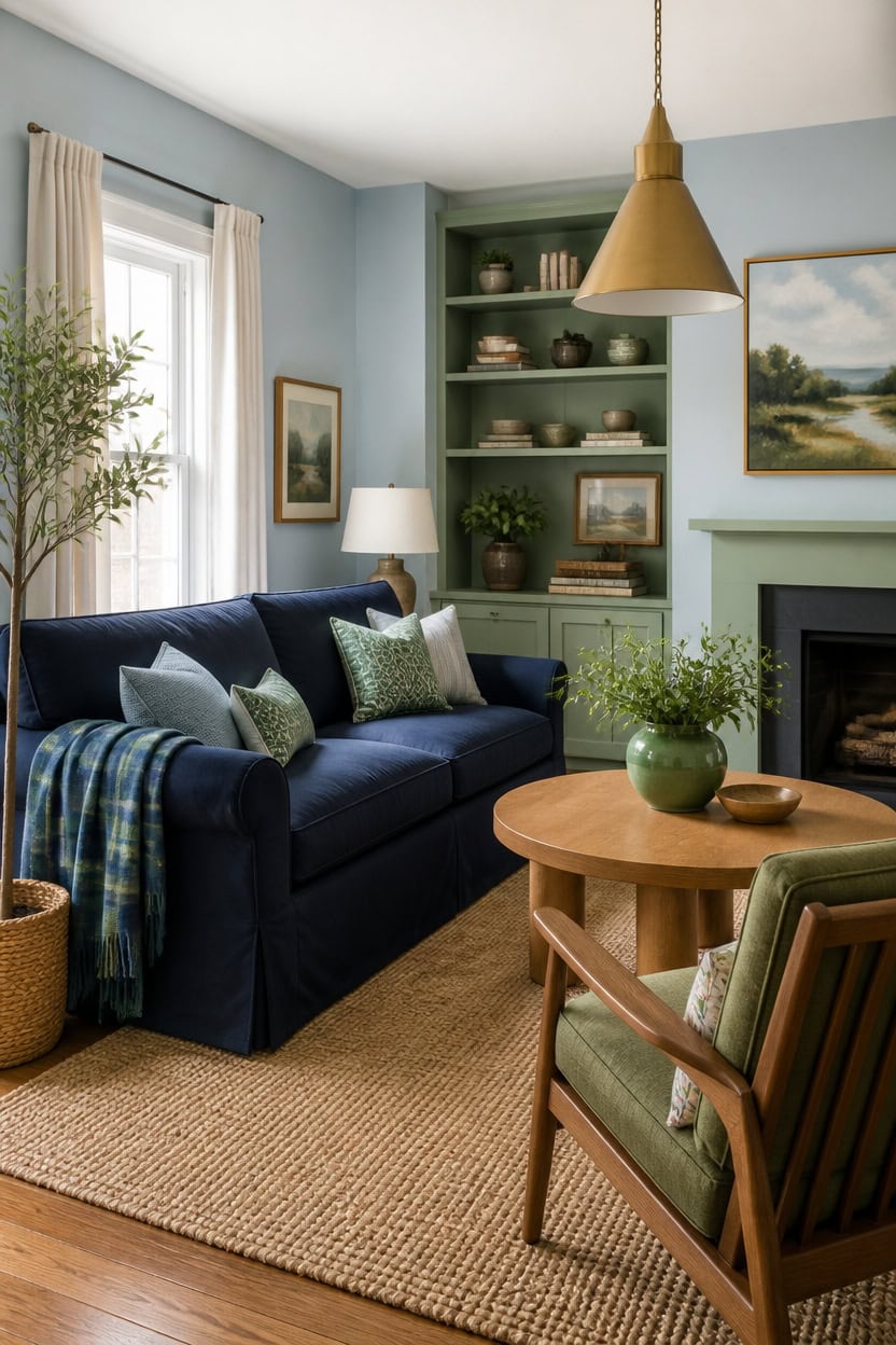 blue green anchored wood back seating