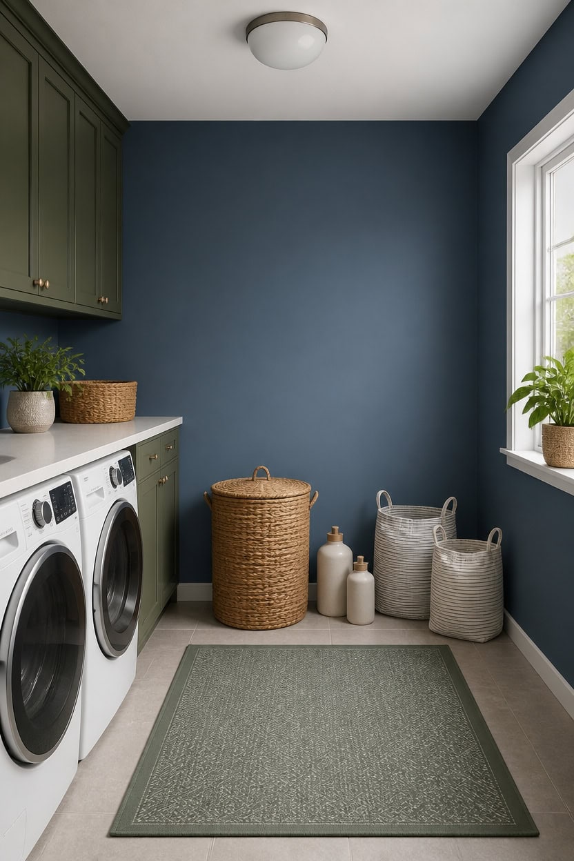 blue green balanced laundry room