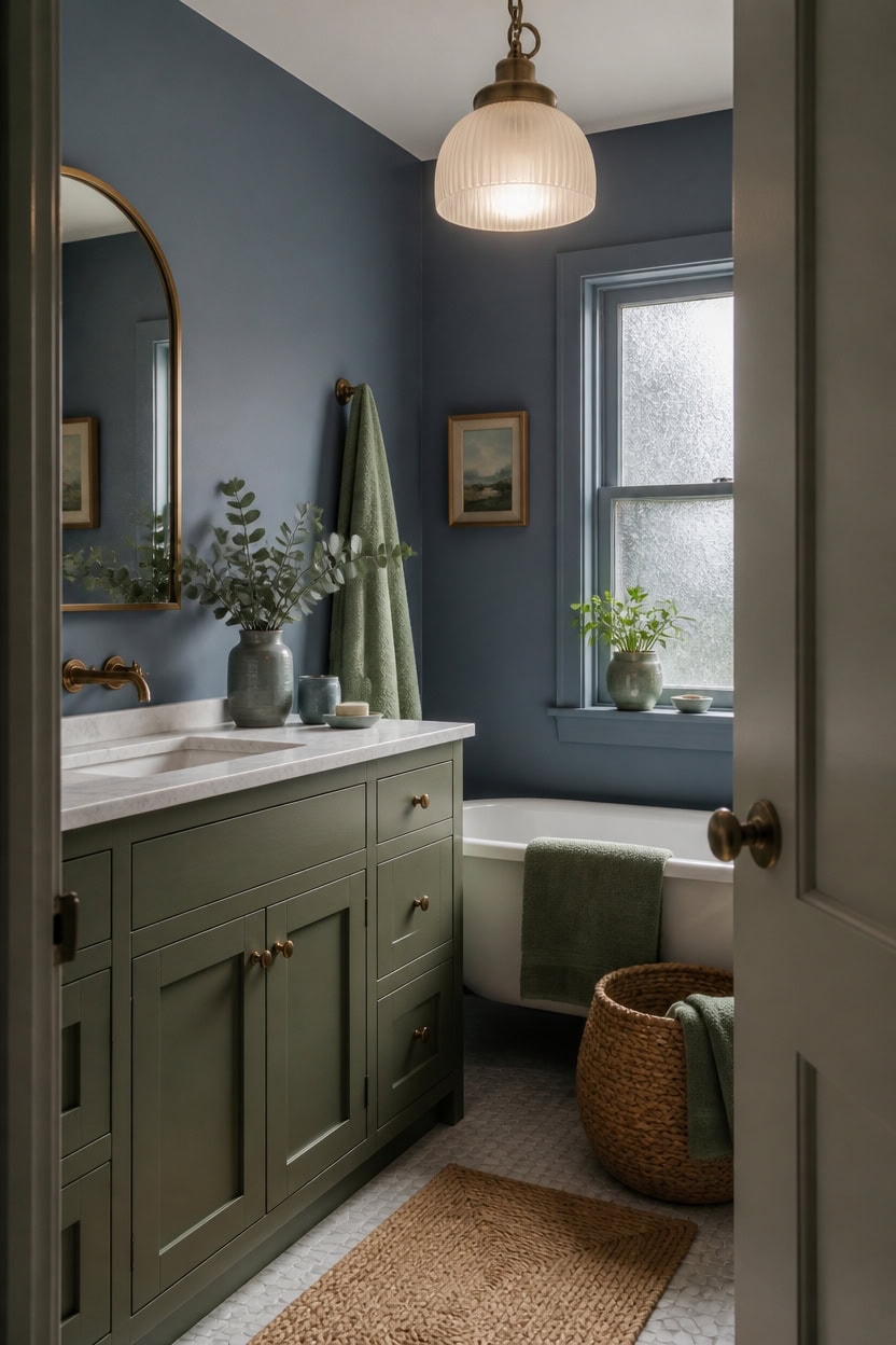 blue green bathroom warm accents