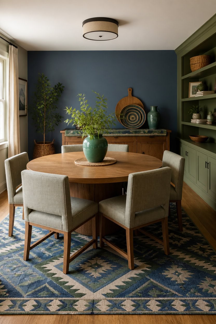 blue green dining room styling