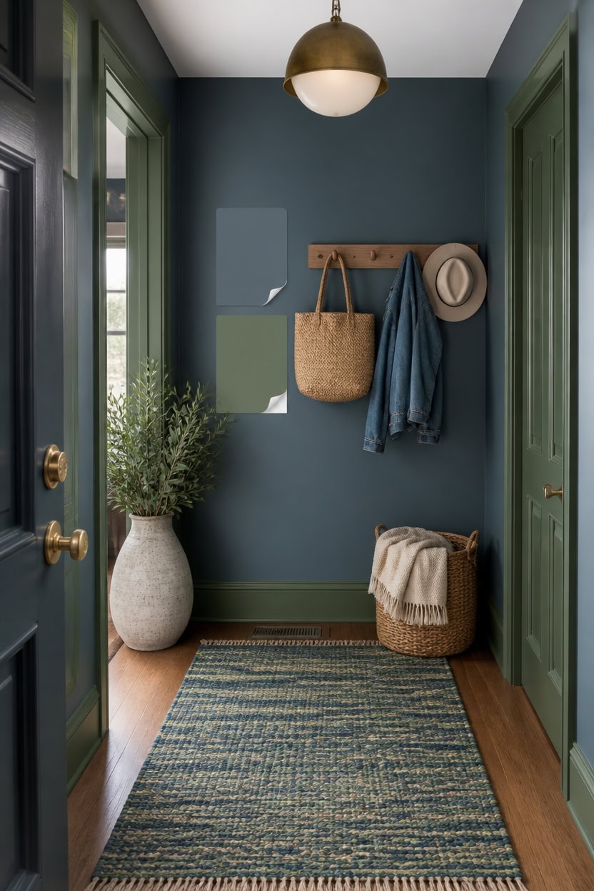 blue green hallway paint test