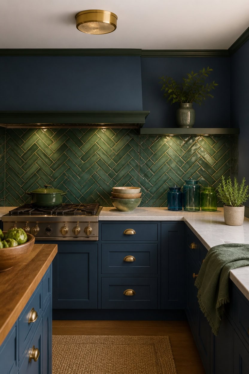 blue green herringbone backsplash centerpiece